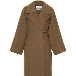 GANNI Wide-sleeve Recycled-wool Blend Tailored Coat In Nude & Neutrals SIZE 34